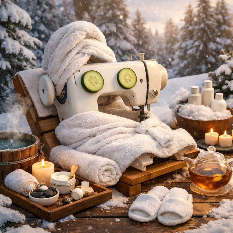 A white vintage-style sewing machine wrapped in white towels, with cucumber slices in its 'eyes', set on a wooden table in a snowy outdoor spa-like scene with candles, slippers, a teapot, and bath accessories.